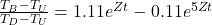  \frac{T_B-T_U}{T_D-T_U} = 1.11e^{Zt} - 0.11e^{5Zt} 